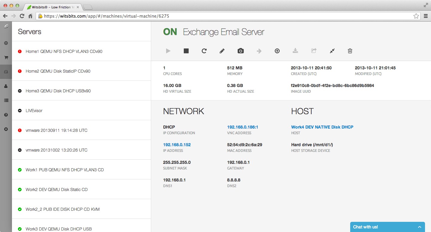 Witsbits servers management screen